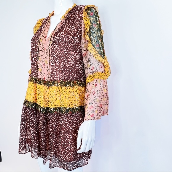 BOHO Fall Ruffle Floral Bohemian Mini Dress Size 4 - Picture 8 of 15